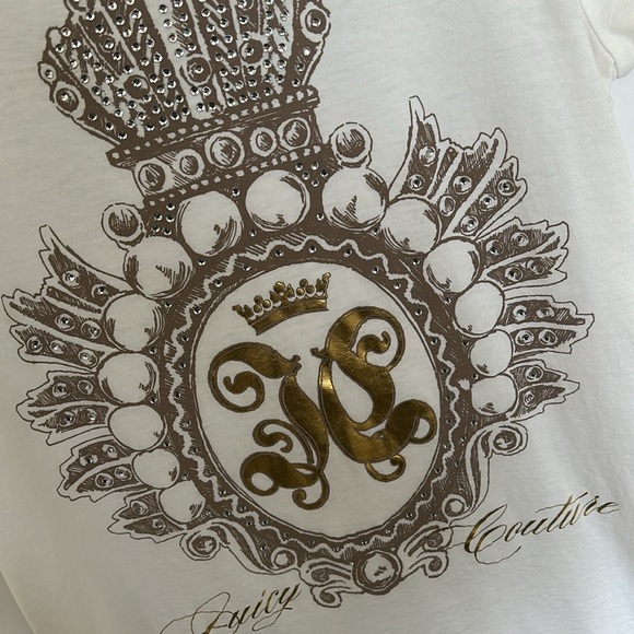 Vintage Juicy Couture White Tee with crystal bling crown & Gold Foil Emblem Y2k - Picture 13 of 17